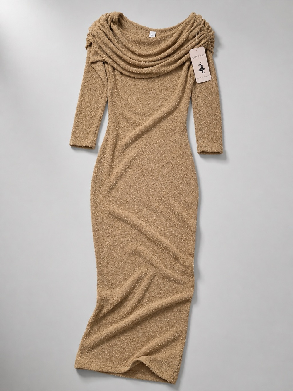 Textured Bouclé Maxi Dress Convertible Draped Cowl Neck Large NWT